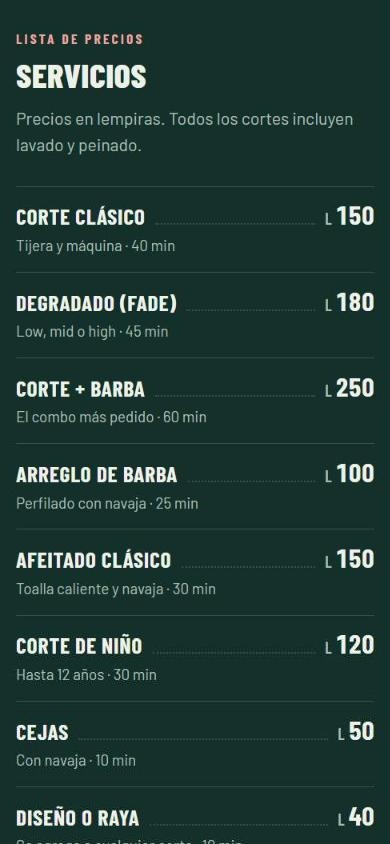 Lista de precios de la barbería vista en celular